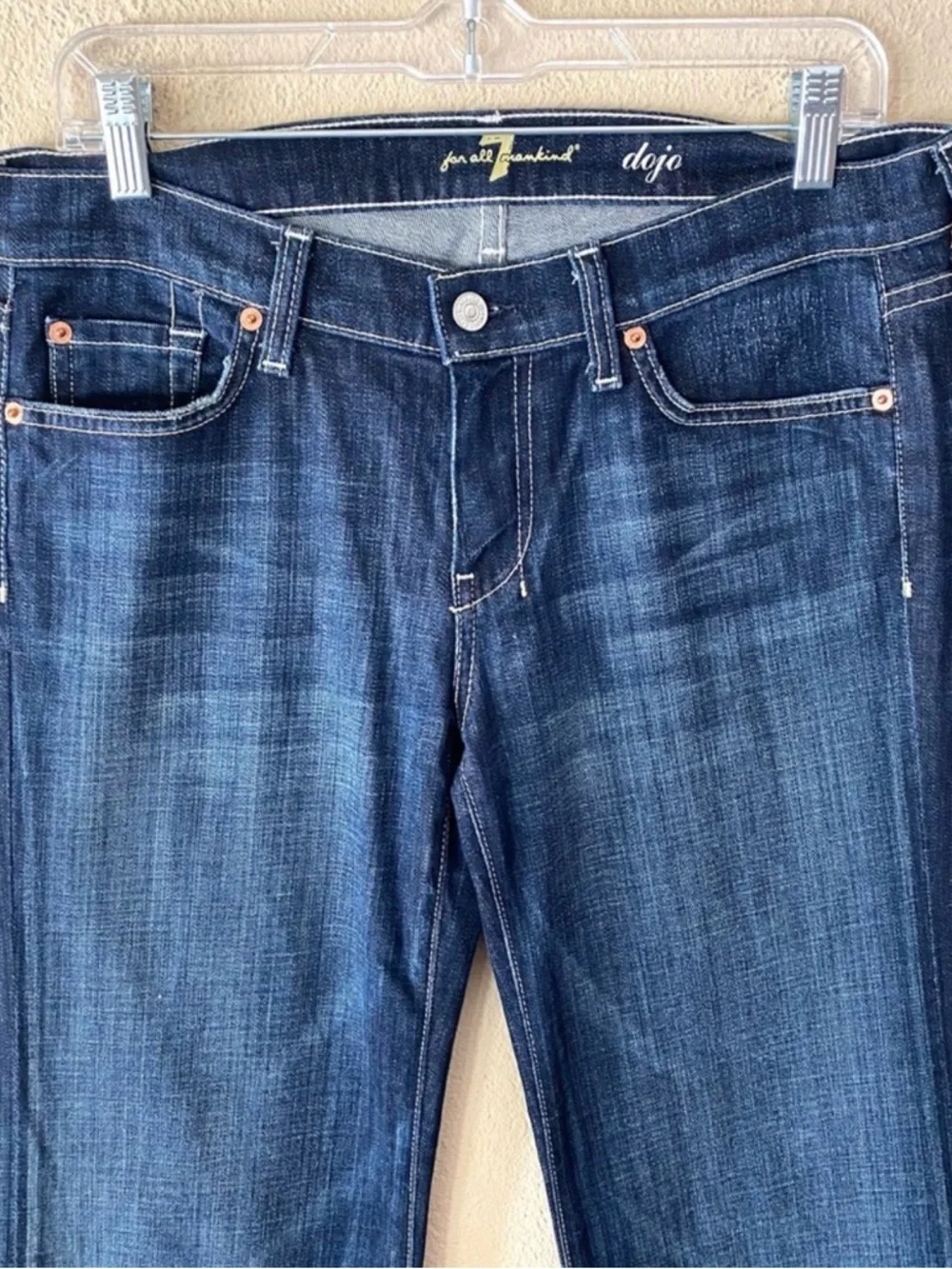7 For All Mankind Dark Blue Flare Jeans with White Pocket Stitching - Picture 2 of 6